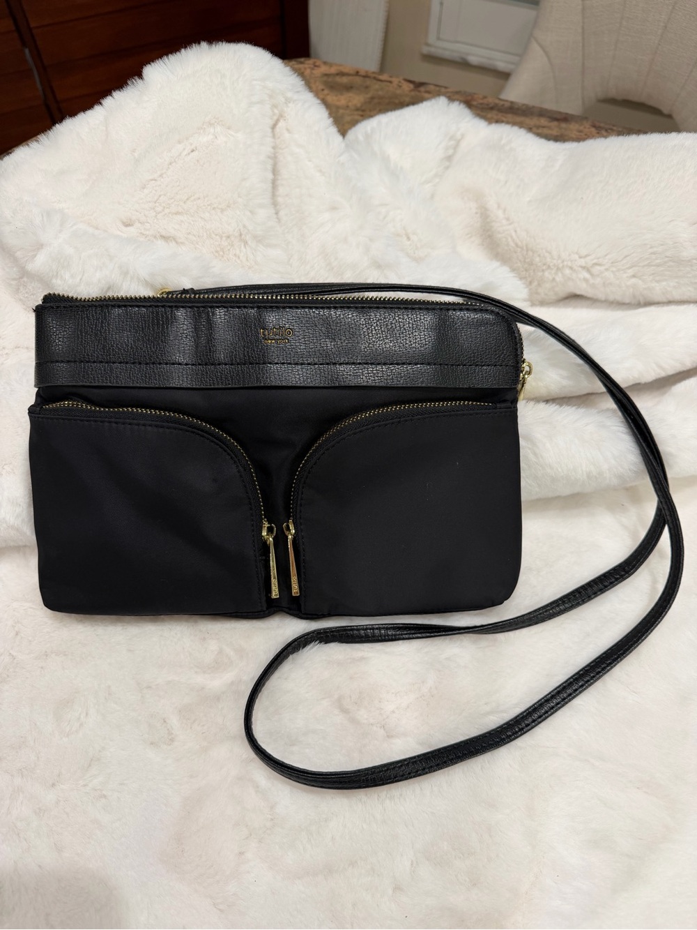 Tutilo Utility Black Crossbody Organizer Bag with Dual Zip Pockets